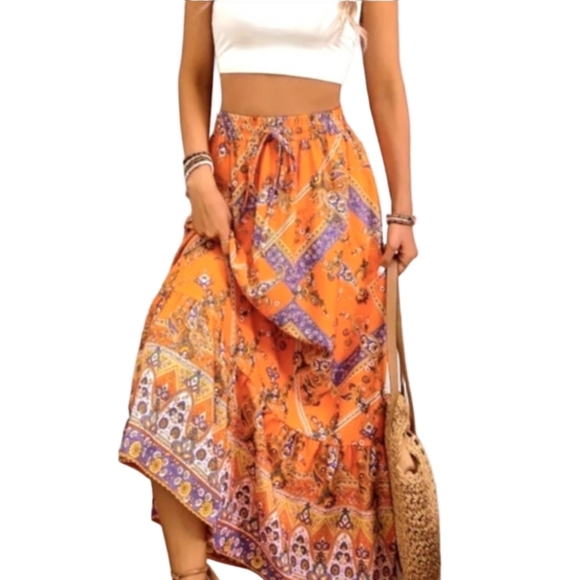 Maxi Skirt Orange Lightweight Flowy Vacay Skirts Vacation Outfit Bohemian Style - Picture 5 of 11